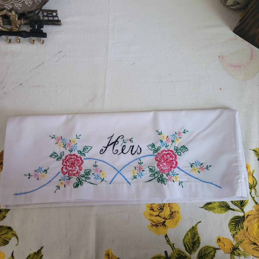 Vintage Embroidered Hers Pillow Case floral
